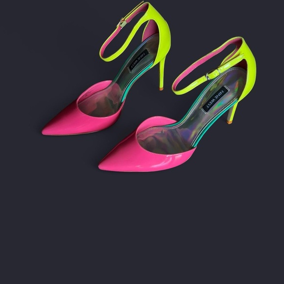 Nine West Patent Pointed-Toe Pumps in Hot Pink and Neon Yellow - Picture 6 of 7